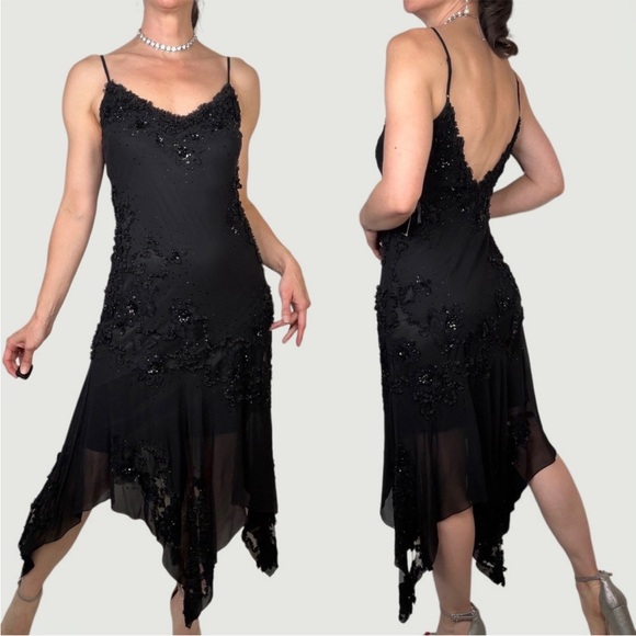 Vintage 90’s Y2K Silk Dress Beaded Dress Fairy Prom Black Silk Slip Whimsy goth - Picture 4 of 17